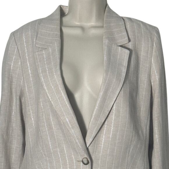 LOFT Classic Striped Blazer Metallic Thread Tan Beige Size 12 - Picture 7 of 10